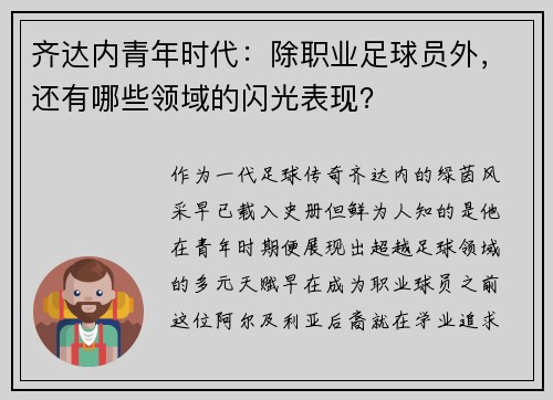 齐达内青年时代：除职业足球员外，还有哪些领域的闪光表现？